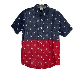 Rustic Blue Mens Shirt Size Small Button Up Red Blue Star Patriotic Short Sleeve